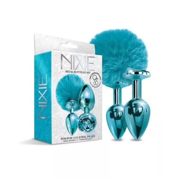 Nixie Metal Butt Plug Set w/Jewel Inlaid & Pom Pom - Blue Metallic